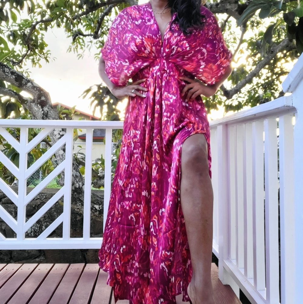 Kimono Sleeve Elastic Waist Printed Maxi Dress